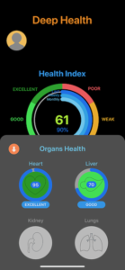 Health Score Displayed in the Deep Health® Device App along with organ health scores of the liver and heart